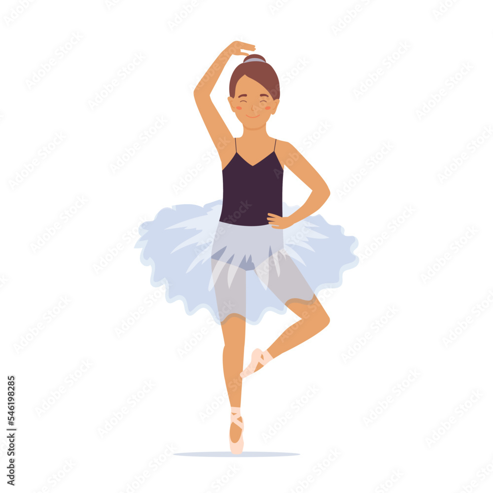 Girl ballet dancer. Little child doing ballet exercises. Cute kid doing balancing posture. Acrobat training. Sports activity. Vector illustration isolated on white background