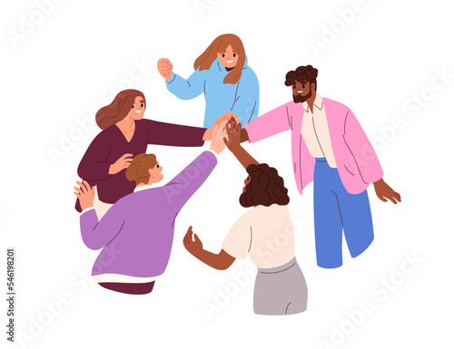 Happy business team giving high five. Success celebration concept. Group of people partners together, unity. Teamwork and partnership. Flat graphic vector illustration isolated on white background