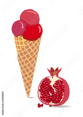Ice cream icon vector illustration with pomegranate flavor. Red, pink, violet colors. Sweet and cold dessert. Three scoops of ice cream. Waffle.