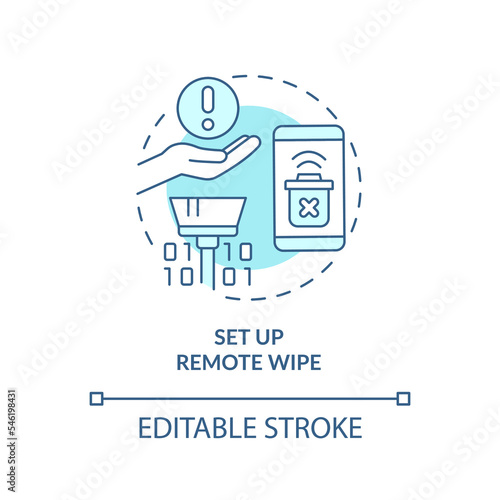Set up remote wipe turquoise concept icon. Smartphone security measures abstract idea thin line illustration. Isolated outline drawing. Editable stroke. Arial, Myriad Pro-Bold fonts used