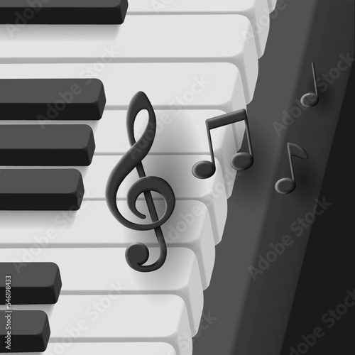 Sticker 3d keyboard of piano with volume clef and notes, black and white album cover