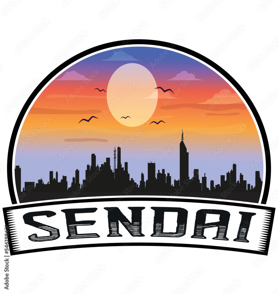Sendai Japan Skyline Sunset Travel Souvenir Sticker Logo Badge Stamp Emblem Coat of Arms Vector Illustration EPS