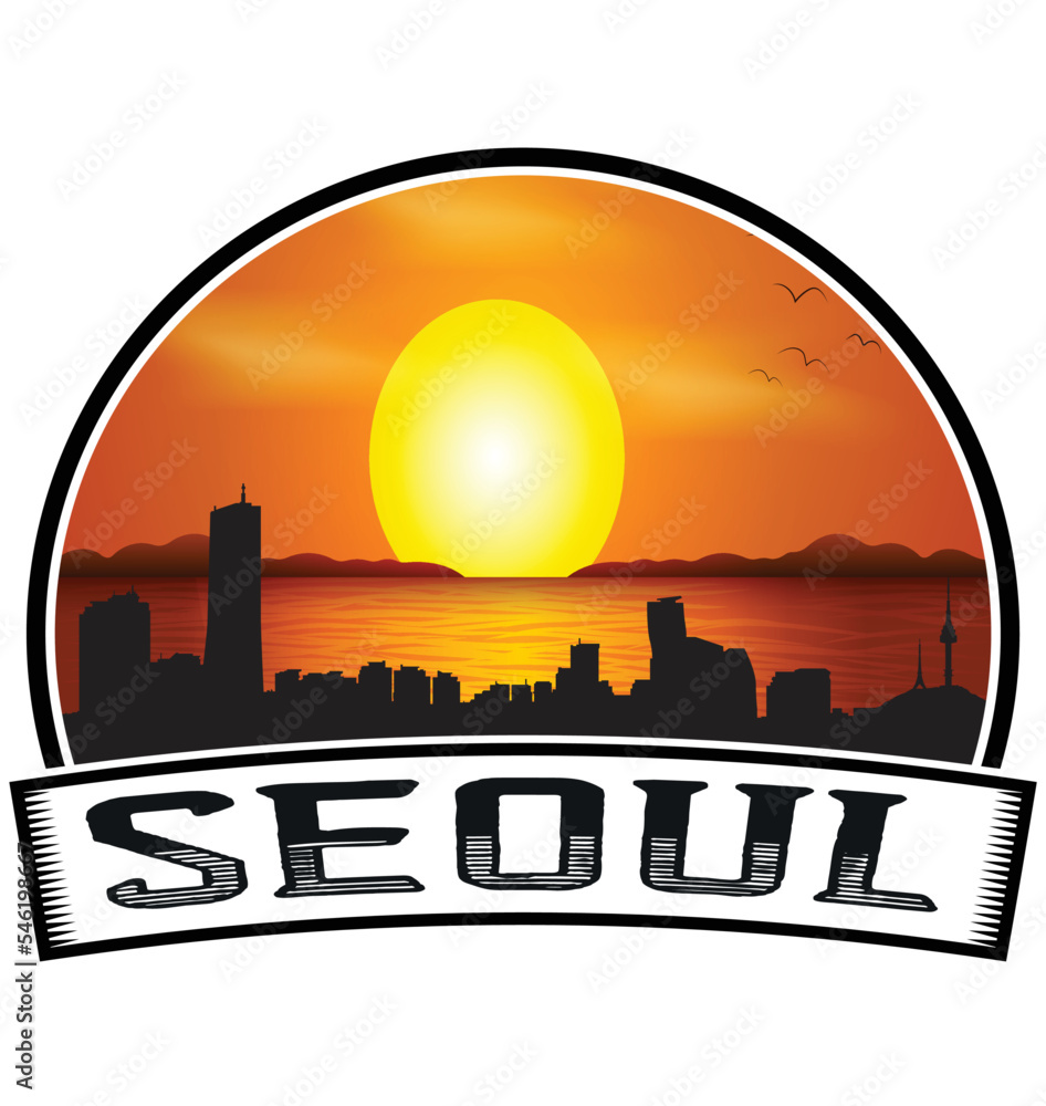 Seoul South Korea Skyline Sunset Travel Souvenir Sticker Logo Badge Stamp Emblem Coat of Arms Vector Illustration EPS