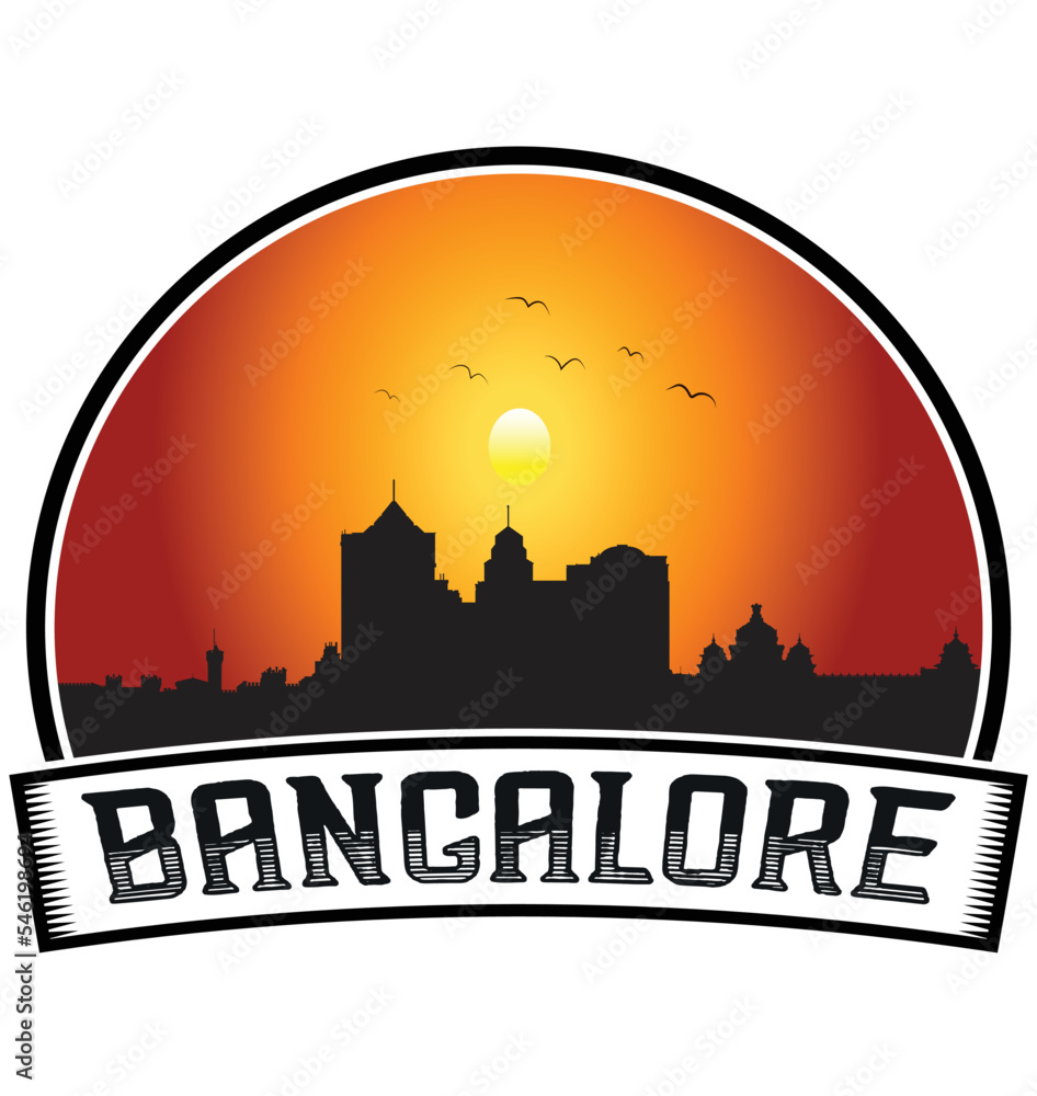 Bangalore India Skyline Sunset Travel Souvenir Sticker Logo Badge Stamp Emblem Coat of Arms Vector Illustration EPS