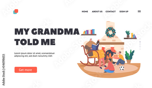 Magic Festive Night Landing Page Template. Granny Reading Christmas Stories and Fairy Tales to Kids Sitting at Chair