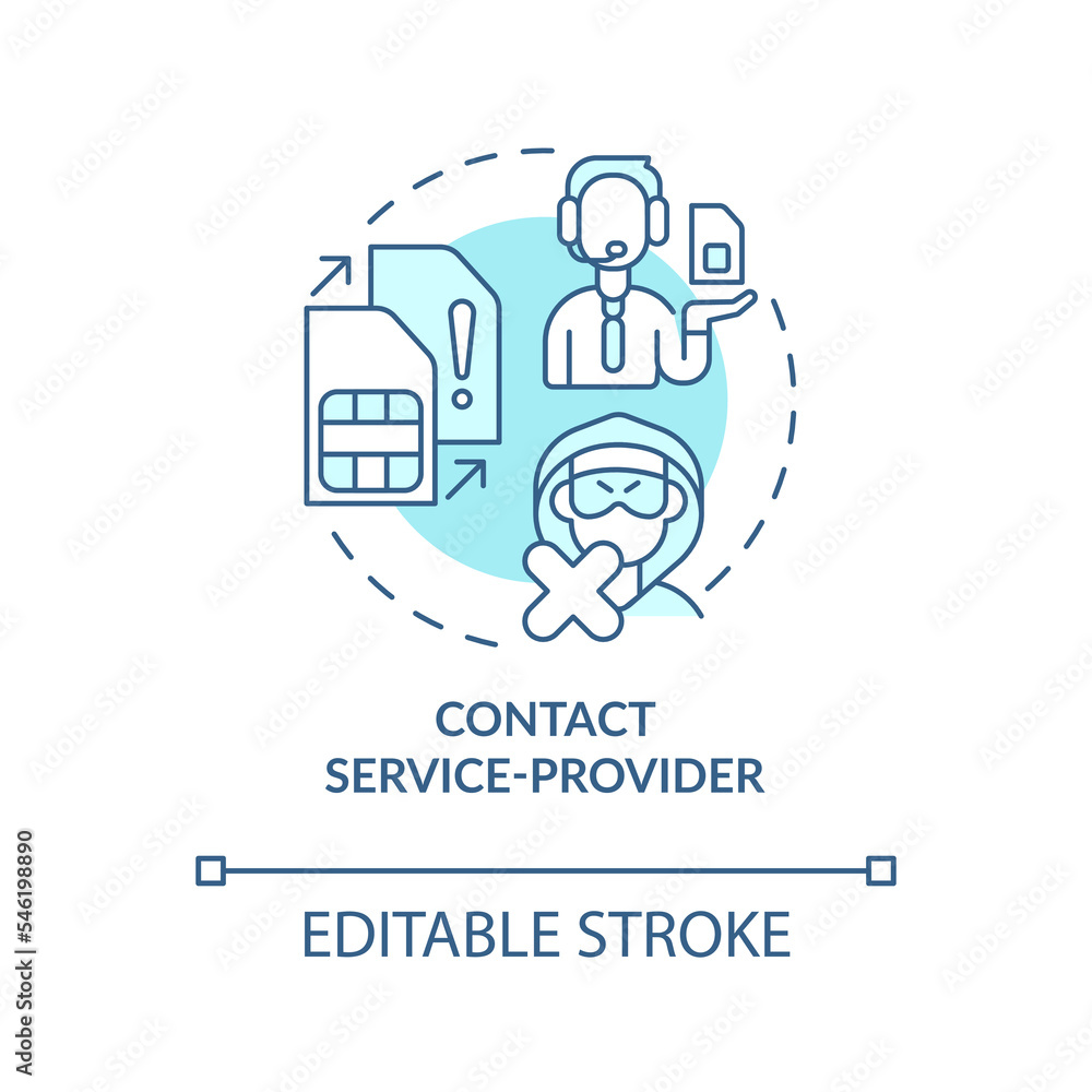 Contact service-provider turquoise concept icon. Unblock mobile network card abstract idea thin line illustration. Isolated outline drawing. Editable stroke. Arial, Myriad Pro-Bold fonts used