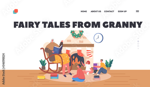 Fairy Tales from Granny Landing Page Template. Grandma Sitting on Rocking Chair Read Book to Little Girls and Boys