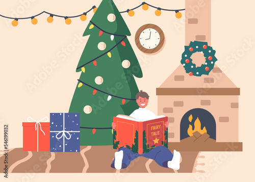 Happy Boy Character Sitting at Burning Fire Place and Decorated Fir Tree Reading Book. Kid Reading Fairy Tale Stories