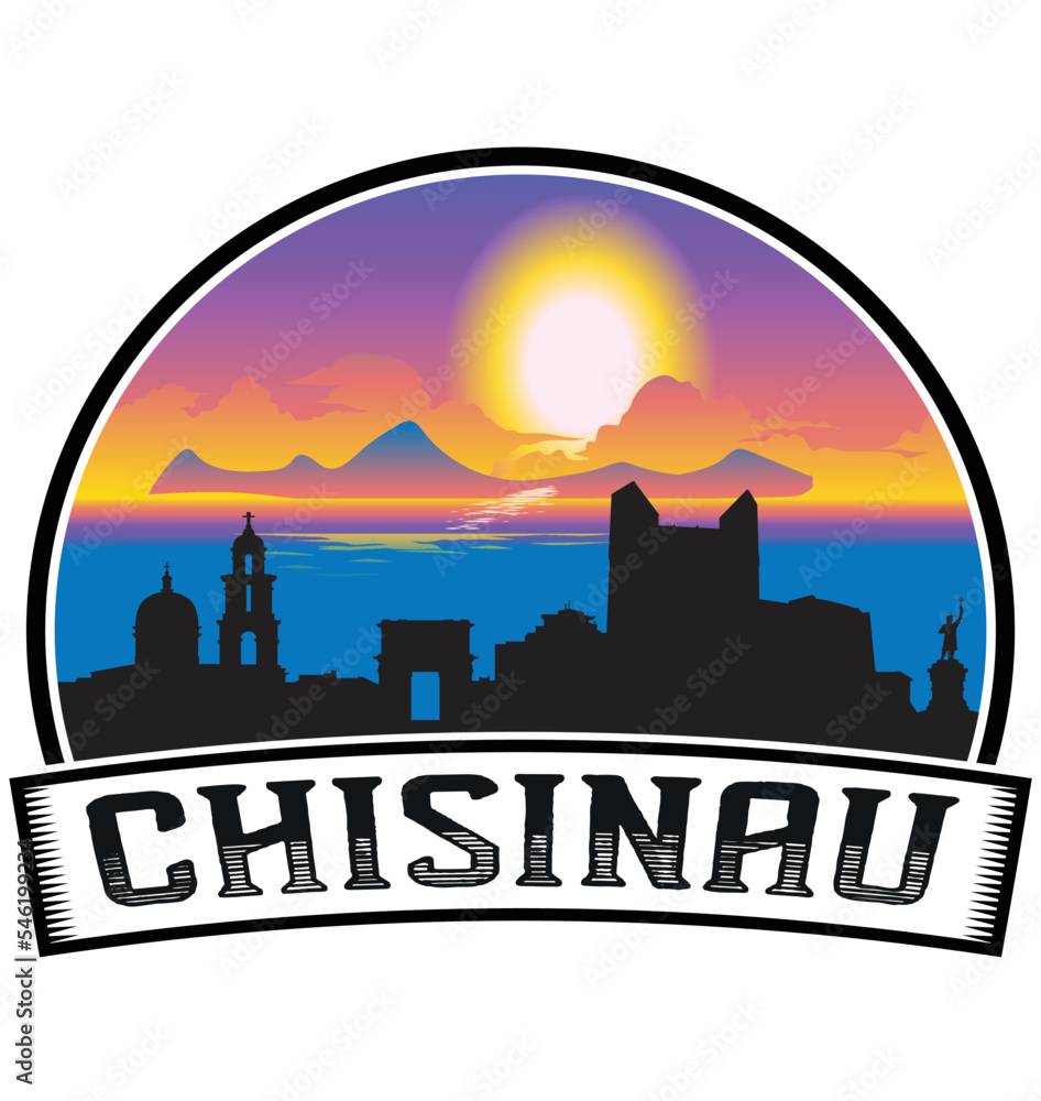 Chisinau Moldova Skyline Sunset Travel Souvenir Sticker Logo Badge Stamp Emblem Coat of Arms Vector Illustration EPS