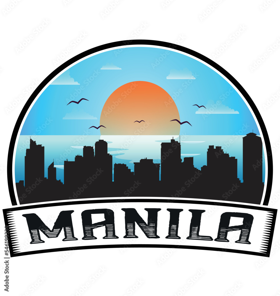 Manila Philippines Skyline Sunset Travel Souvenir Sticker Logo Badge Stamp Emblem Coat of Arms Vector Illustration EPS