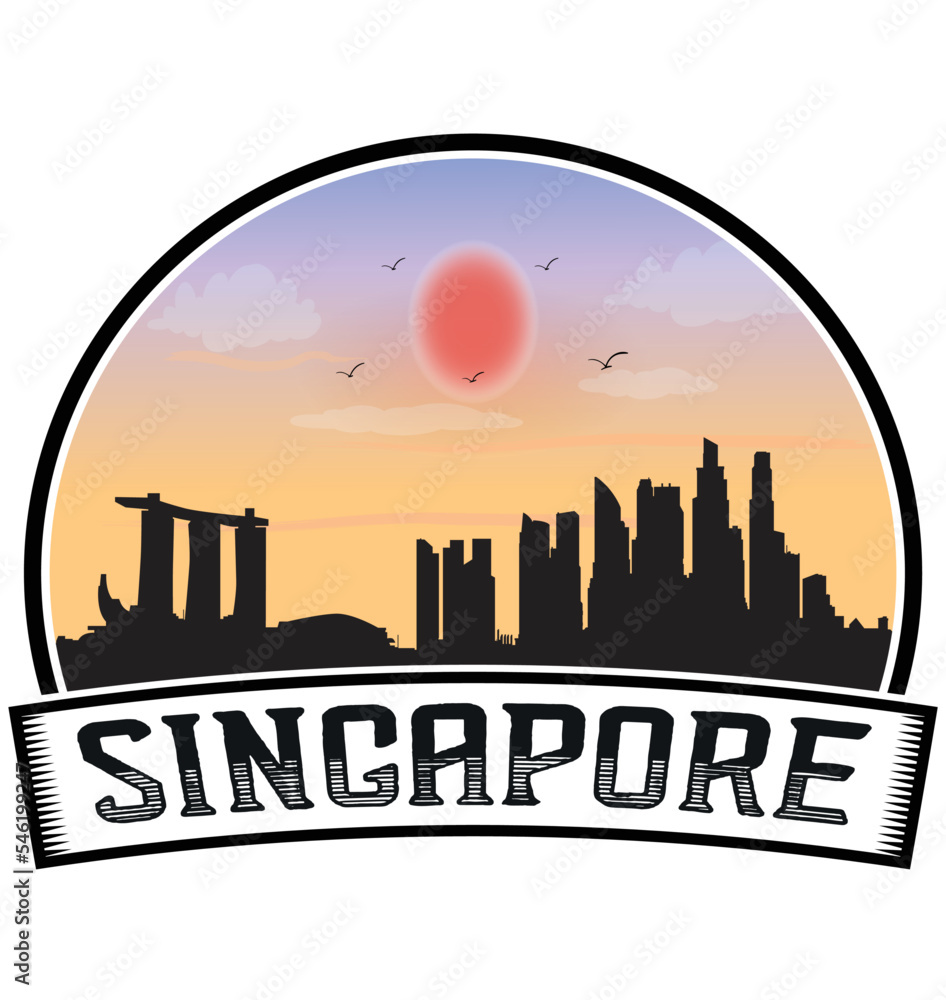 Singapore Singapore Skyline Sunset Travel Souvenir Sticker Logo Badge Stamp Emblem Coat of Arms Vector Illustration EPS