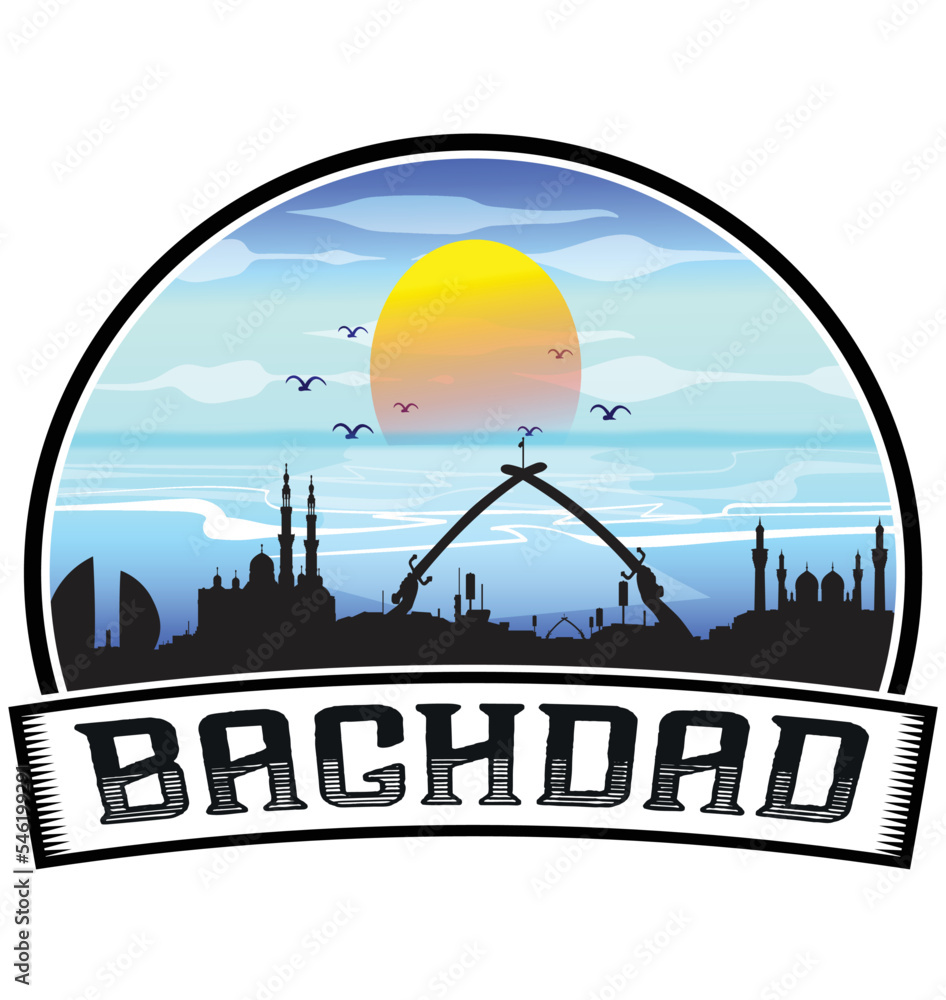 Baghdad Iraq Skyline Sunset Travel Souvenir Sticker Logo Badge Stamp Emblem Coat of Arms Vector Illustration EPS