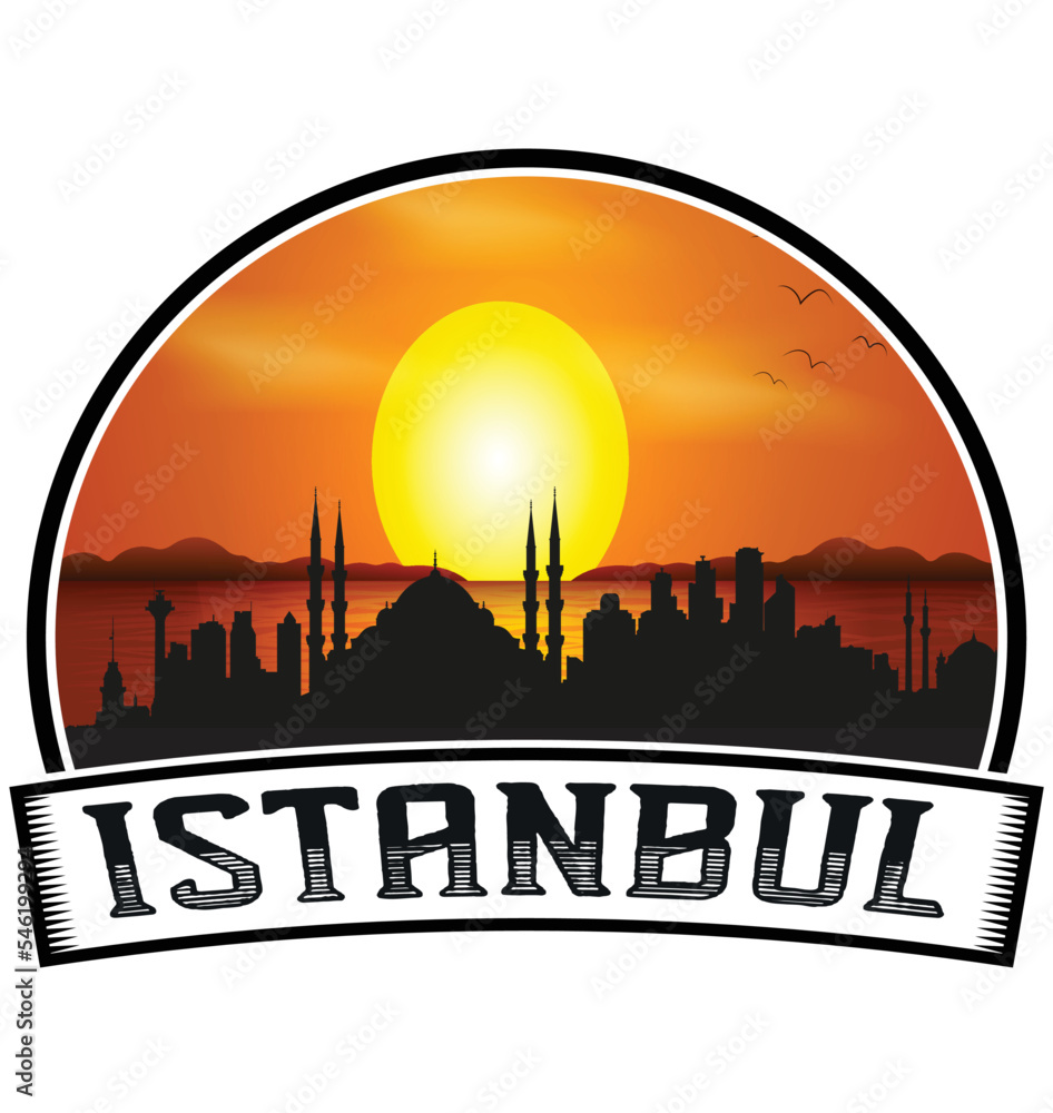 Istanbul Turkey Skyline Sunset Travel Souvenir Sticker Logo Badge Stamp Emblem Coat of Arms Vector Illustration EPS