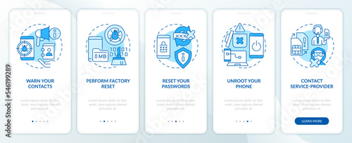Remove hacker blue onboarding mobile app screen. Smartphone safety walkthrough 5 steps editable graphic instructions with linear concepts. UI, UX, GUI template. Myriad Pro-Bold, Regular fonts used