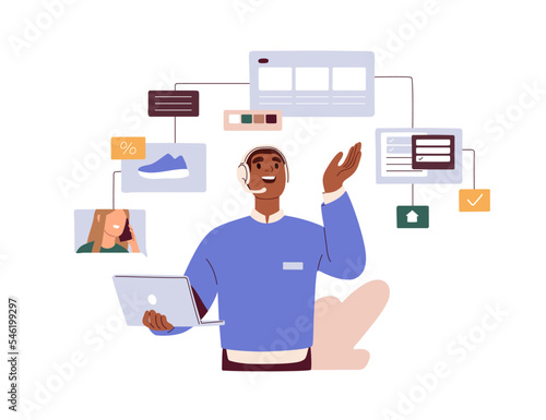 Online assistant, remote consultant helping customer during call to virtual shop. Internet store operator in headset consulting client. Flat graphic vector illustration isolated on white background