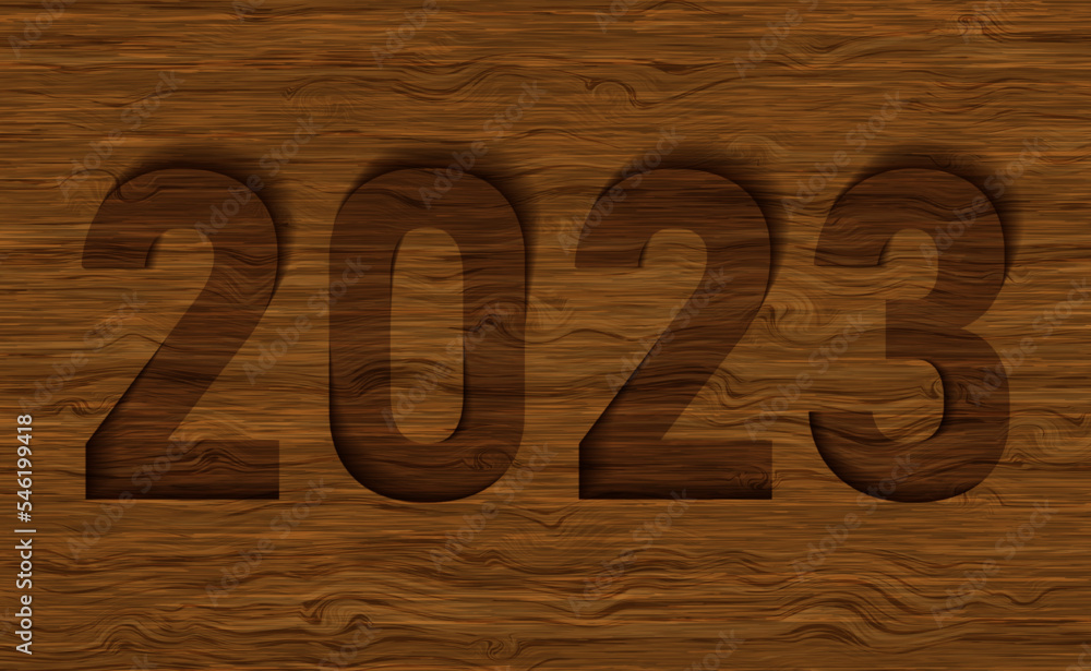 Realistic image of 2023. Vector illustration of 3D image 2023 on the background of a mahogany panel. Sketch for creativity. Realistic image of 2023. Vector illustration of 3D image 2023 on the background of a mahogany panel. Sketch for creativity.