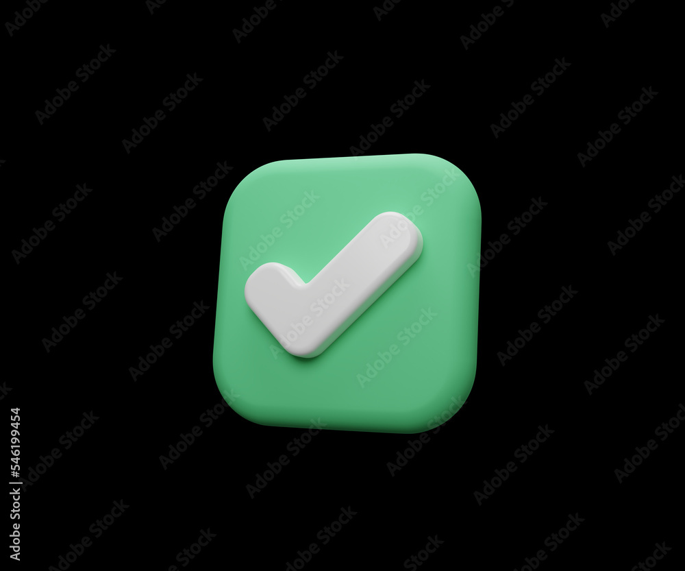 3d rendering illustration Cartoon minimal green square Check mark icon ...