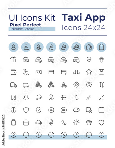 Taxi service pixel perfect linear ui icons set. Urban vehicle order. Digital technology for business. Outline isolated user interface elements. Editable stroke. Montserrat Bold, Light fonts used