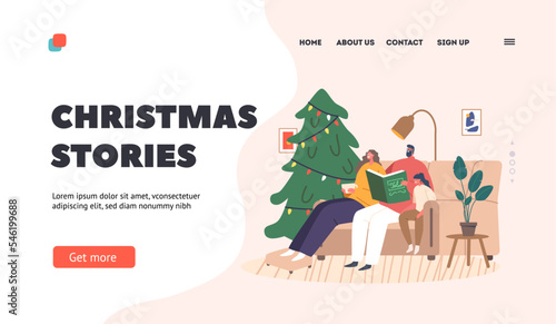 Christmas Stories Landing Page Template. Happy Family Characters Parents and Kid Reading. Happy Mom, Dad and Child