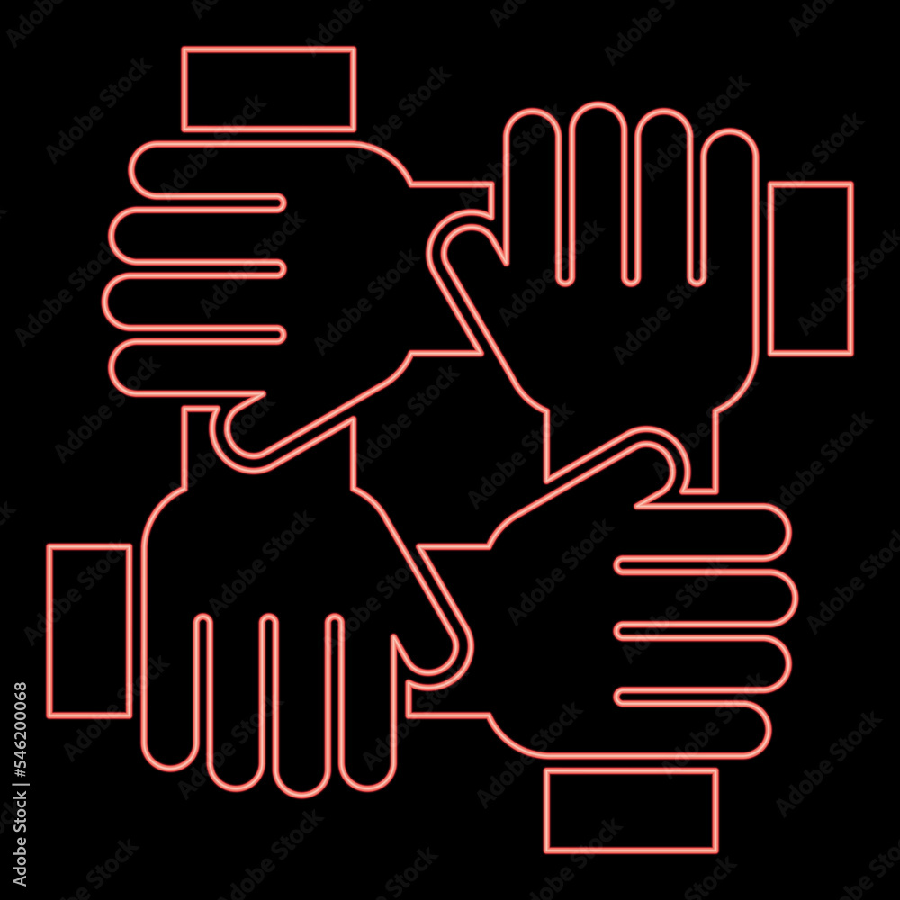 Neon four hand holding together team work concept red color vector illustration image flat style Neon four hand holding together team work concept red color vector illustration image flat style