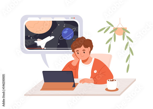 Child watching video about space on tablet screen. Boy kid looking at display, studying cosmos, universe, astronomy at leisure time at home. Flat vector illustration isolated on white background