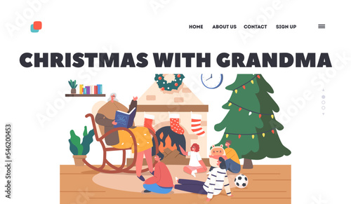 Christmas with Grandma Landing Page Template. Children Listen Granny Sitting on Chair Read Book to Little Girls and Boys