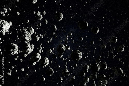 Asteroid field in the outer space. 3D rendering.