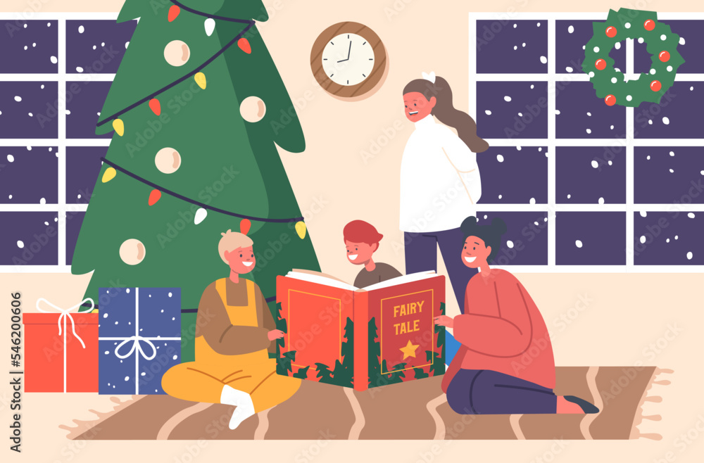 Happy Kids, Friends, Sisters or Brothers Read Fairy Tale Stories at Christmas Eve. Happy Boys and Girls Sit at Fir Tree Happy Kids, Friends, Sisters or Brothers Read Fairy Tale Stories at Christmas Eve. Happy Boys and Girls Sit at Fir Tree