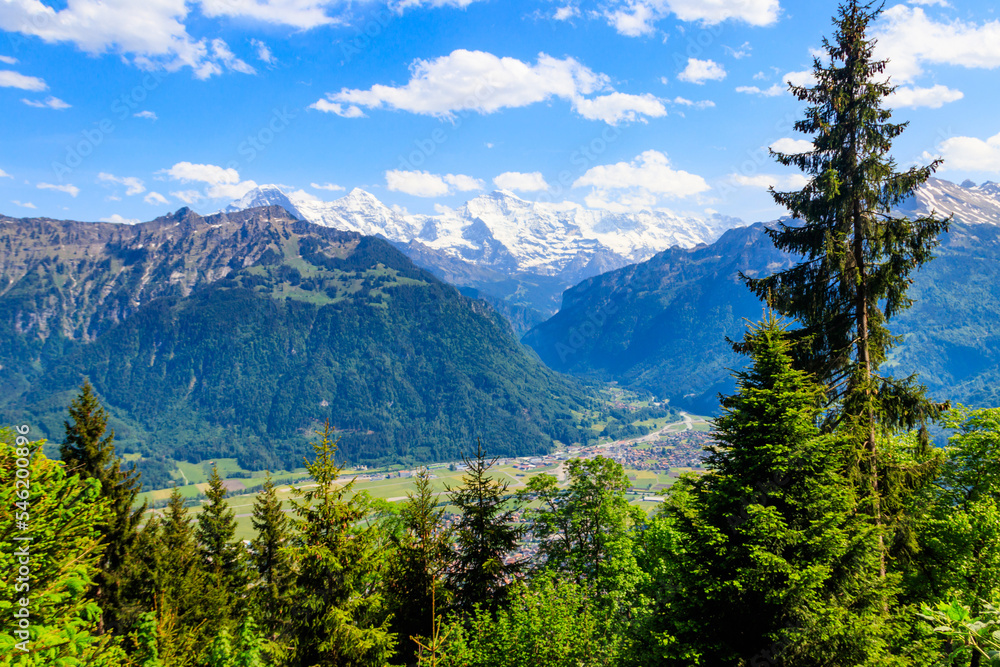 Fototapeta premium Breathtaking aerial view of Interlaken and Swiss Alps from Harder Kulm viewpoint, Switzerland