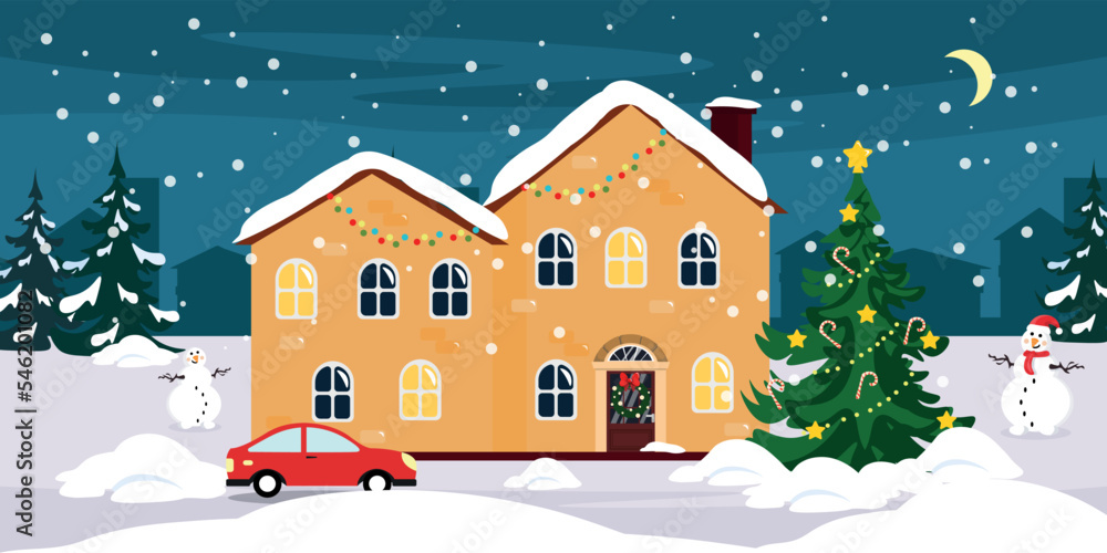 Vector illustration of innovative New Years house. Cartoon urban Christmas buildings with decorations for christmas and covered with snow, christmas tree, snowmen, car, night sky with city.