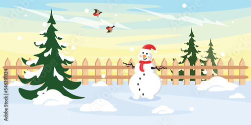Vector illustration of a funny snowman. Snowman made in winter wrapped in a scarf and with a New Year's hat, stands on a snowy lawn with a Christmas tree, and bullfinches in cartoon style.