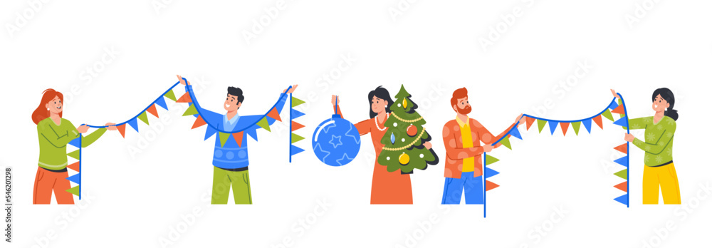Fototapeta premium Happy People Friends, Family or Business Colleagues Prepare for Christmas Holidays and Decorate Tree Together