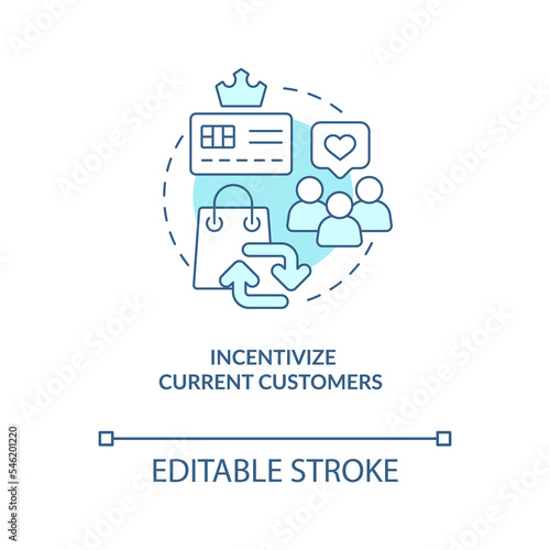 Incentivize current customers turquoise concept icon. Finding new clients tip abstract idea thin line illustration. Isolated outline drawing. Editable stroke. Arial, Myriad Pro-Bold fonts used