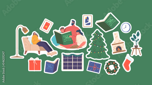 Set of Stickers Happy Family Characters Parents and Kids Reading Christmas Stories Enjoying Books Patches Pack