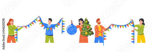 Happy People Friends, Family or Business Colleagues Prepare for Christmas Holidays and Decorate Tree Together