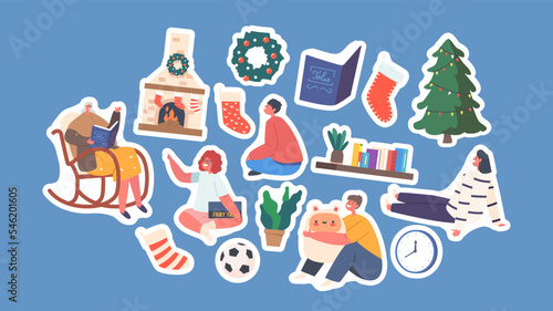 Set of Stickers Children Listen Christmas Stories, Granny Sitting on Chair Read Book to Little Girls and Boys Characters
