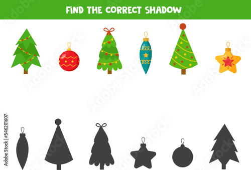 Find the correct shadows of cute Christmas trees and baubles. Logical puzzle for kids.