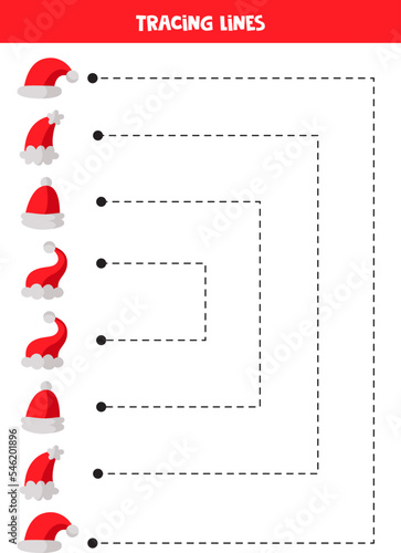 Tracing lines for kids. Cute winter caps. Writing practice.