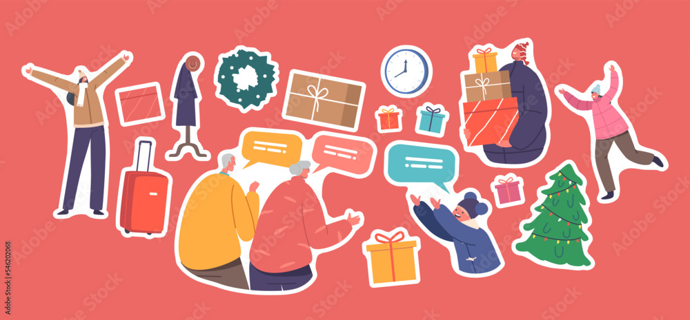 Set of Stickers Happy Family Characters Meeting for Christmas Holidays. Parents with Children Visit Grandparents Set of Stickers Happy Family Characters Meeting for Christmas Holidays. Parents with Children Visit Grandparents