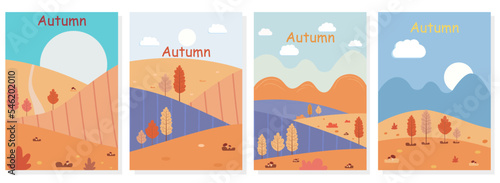 Vector flat illustration. A set of autumn landscape posters. Drawing with trees, mountains, fields, leaves, mushrooms, sun and clouds. Rural landscape. Autumn background.