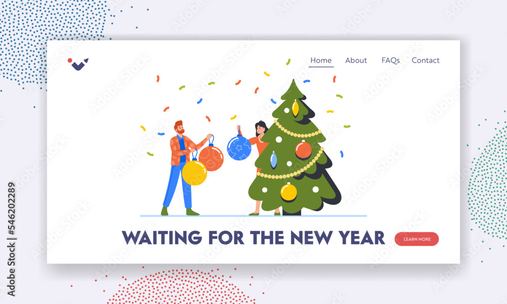 Characters Preparing for New Year and Xmas Celebration Landing Page Template. Happy Man and Woman Decorating Tree Characters Preparing for New Year and Xmas Celebration Landing Page Template. Happy Man and Woman Decorating Tree