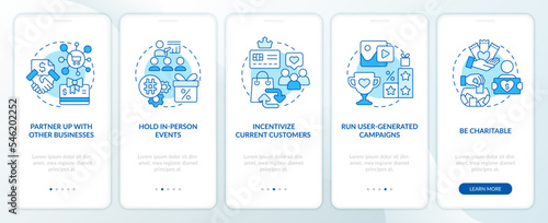 Get new clients for business blue onboarding mobile app screen. Walkthrough 5 steps editable graphic instructions with linear concepts. UI, UX, GUI template. Myriad Pro-Bold, Regular fonts used