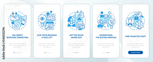 Finding potential clients blue onboarding mobile app screen. Walkthrough 5 steps editable graphic instructions with linear concepts. UI, UX, GUI template. Myriad Pro-Bold, Regular fonts used