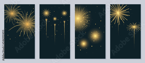 Set of elegant christmas and new year template poster. Decorative gradient vibrant golden festive firework on dark background. Design illustration for banner, card, social media, advertising, website.