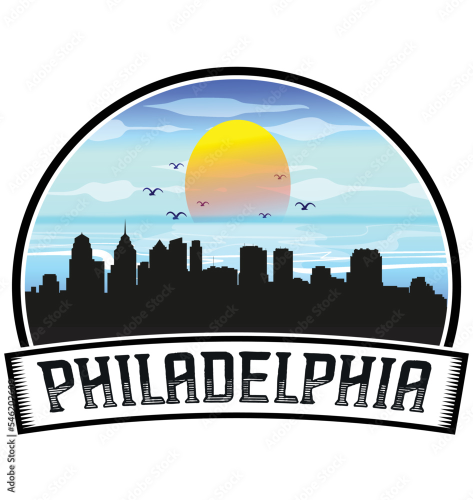 Philadelphia Pennsylvania USA Skyline Sunset Travel Souvenir Sticker Logo Badge Stamp Emblem Coat of Arms Vector Illustration EPS