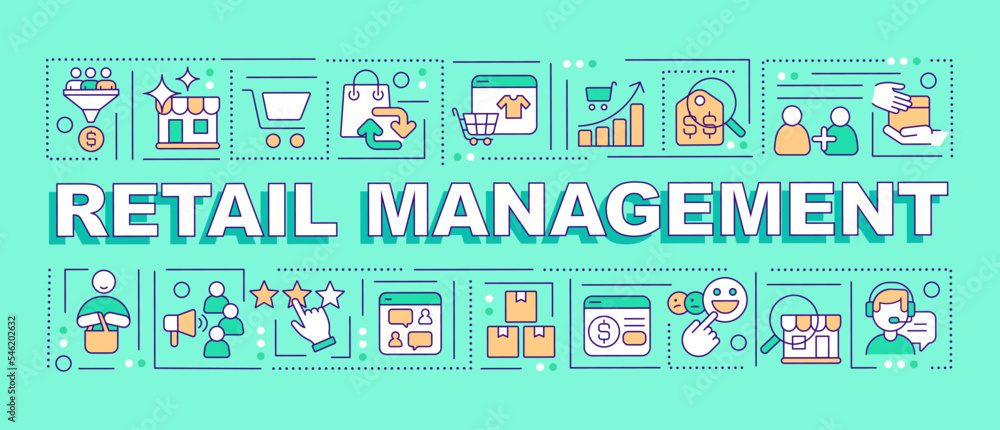 Retail management word concepts blue banner. Customers attraction. Infographics with editable icons on color background. Isolated typography. Vector illustration with text. Arial-Black font used Retail management word concepts blue banner. Customers attraction. Infographics with editable icons on color background. Isolated typography. Vector illustration with text. Arial-Black font used