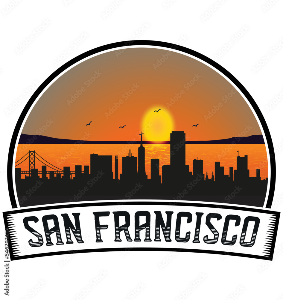 San Francisco California USA Skyline Sunset Travel Souvenir Sticker Logo Badge Stamp Emblem Coat of Arms Vector Illustration EPS