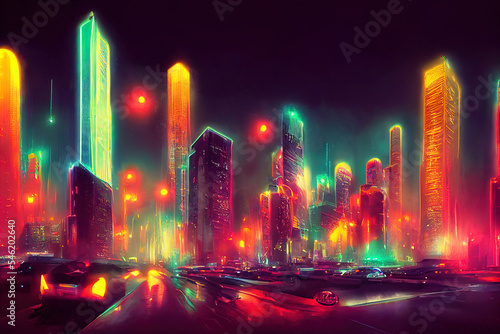 Futuristic city. Concept Art. Cityscape at night with bright neon lights. 3D illustration.