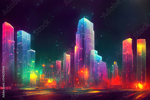 Futuristic city. Concept Art. Cityscape at night with bright neon lights. 3D illustration.