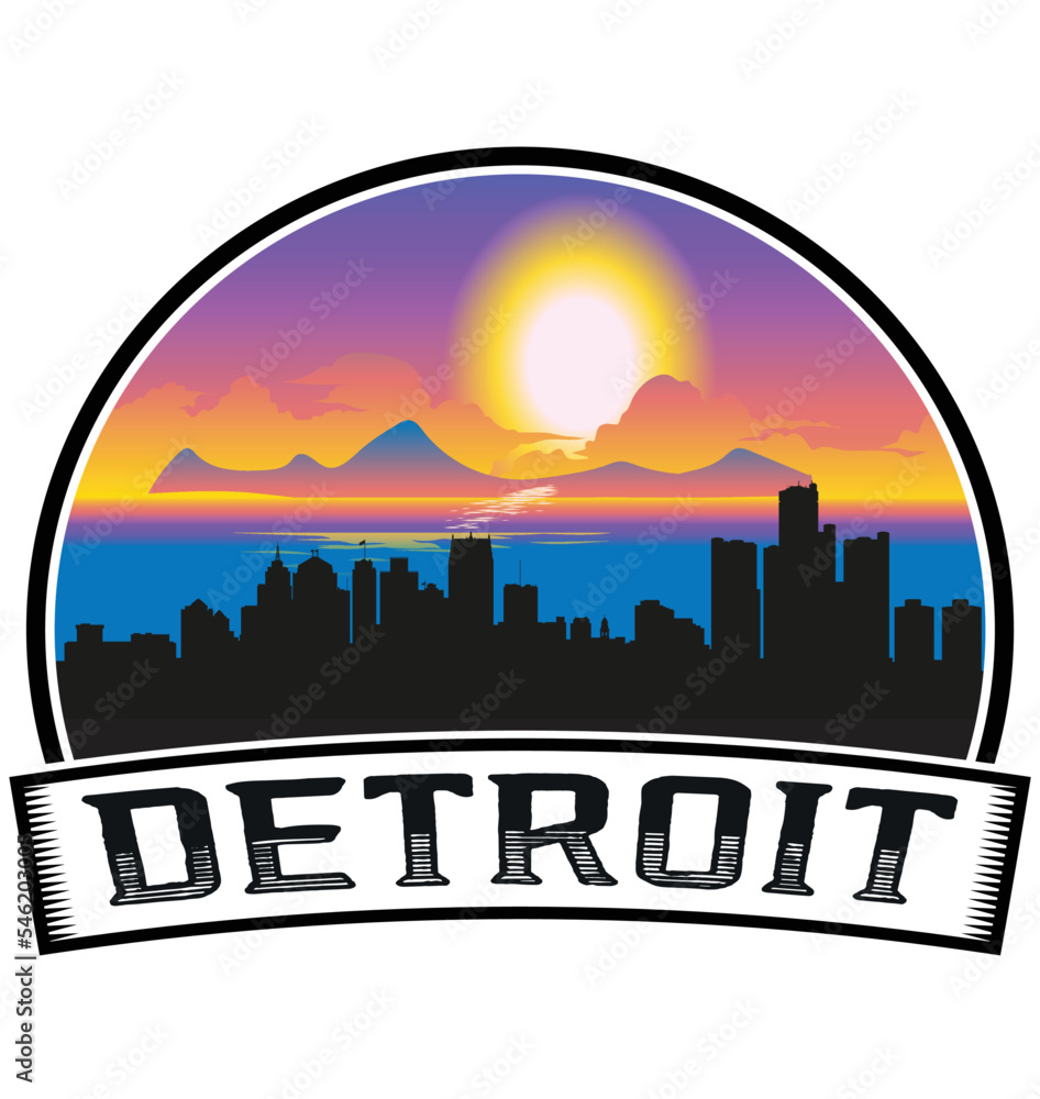 Detroit Michigan USA Skyline Sunset Travel Souvenir Sticker Logo Badge Stamp Emblem Coat of Arms Vector Illustration EPS
